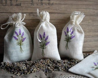 Linen Lavender Bags With Lavender Embroidery Gift Bags