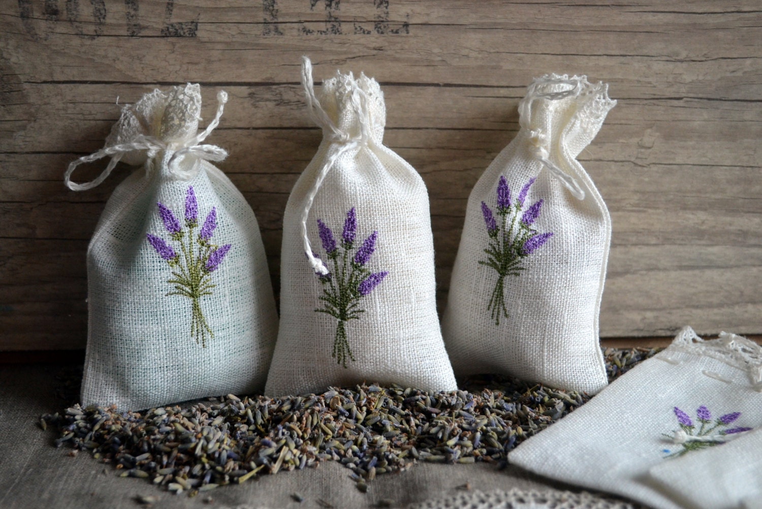 Linen Lavender Bags With Lavender Embroidery Gift Bags