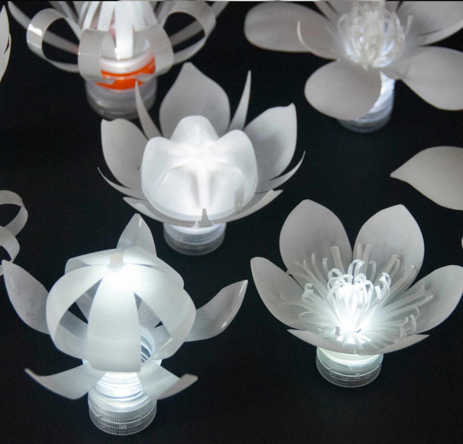 Set of 8 LED Plastic Bottle Flowers one in each style
