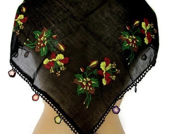 Black Grandmother SHAWL, Floral Print Scarf,Bridal Scarf,Authentic, Romantic, Fashion, 1985s Vintage Scarf