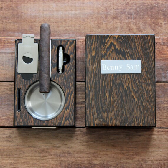 Cigar Cutter and Ashtray Drawer Set Polished Iron Wood
