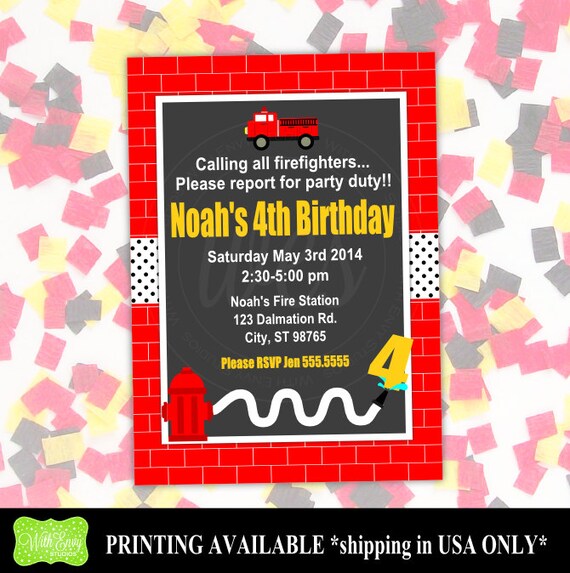 Firetruck Party Invitation - Firetruck Birthday Party Invitation - Fireman Invitation - Firetruck Printable Invitation Il_570xn