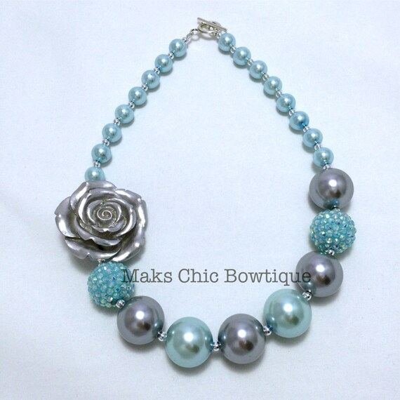 Items similar to Children's Silver and Blue Chunky Rose Pearl Necklace ...