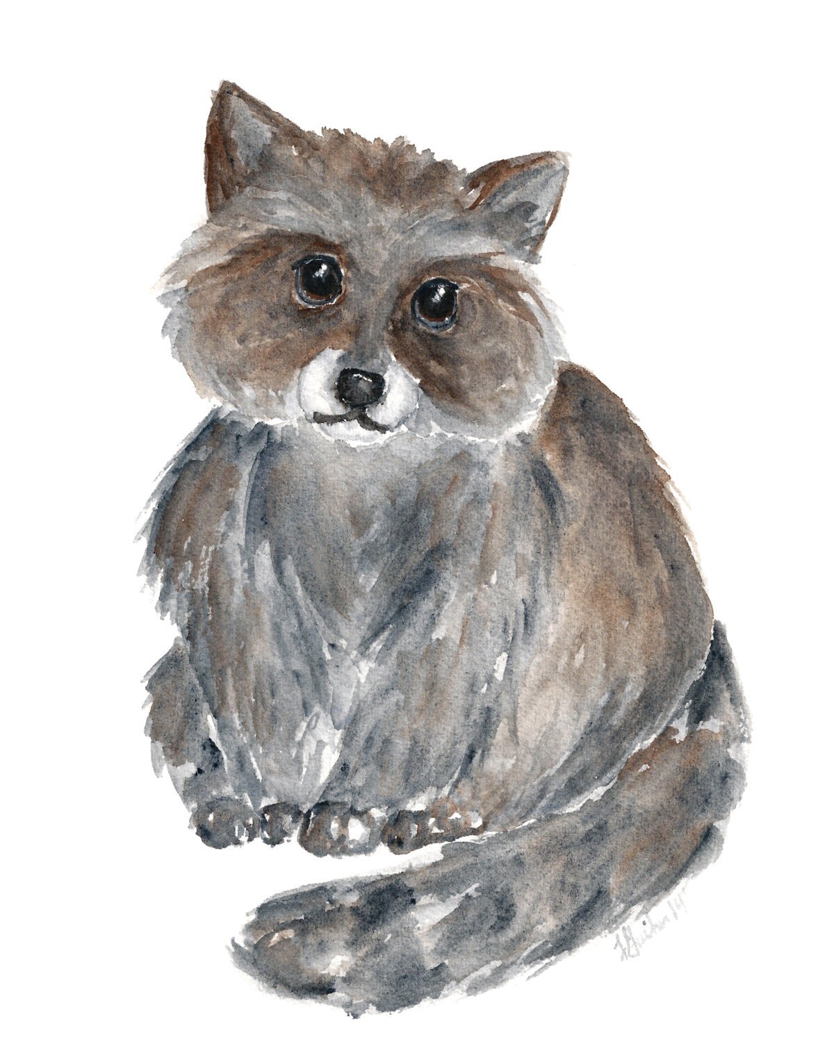 Raccoon watercolor painting woodland nursery art baby animal