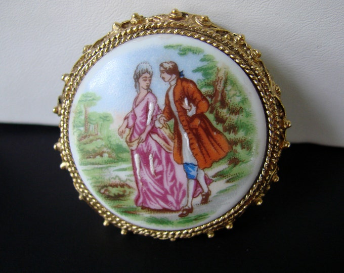 Vintage Limoges France Porcelain Brooch / Courting Couple / Transfer / Hand Painted / Jewelry