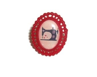 Sewing Machine Red Cameo Adjustable Ring, Kitsch RIng, Cute Quirky