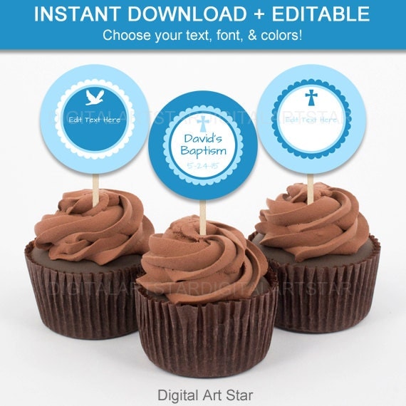 Blue Baptism Cupcake Toppers EDITABLE Printable by digitalartstar