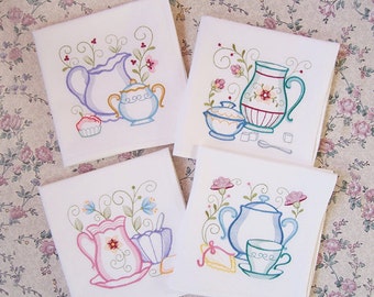 Embroidered Set of Teapots and Teacup Kitchen Towels in Bright Vibrant Colors