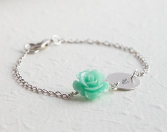 Personalized Mint Green Rose Bracelet Bridesmaid Flower Girl Gift Silver Chain Bracelet