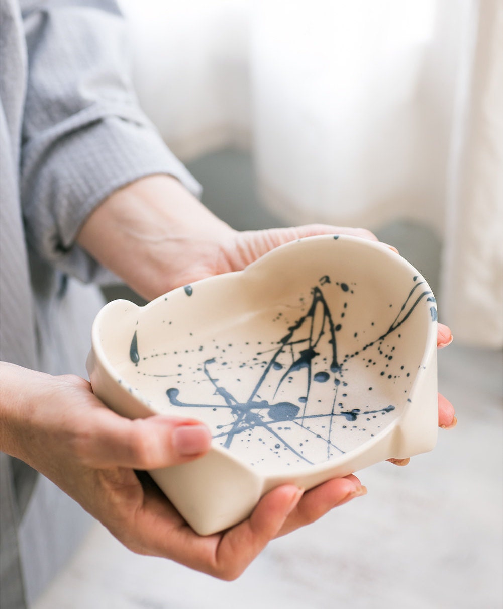 Ceramic white Bowl unique serving platter blue splash