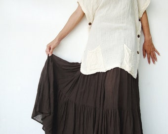 NO.5 Brown Cotton, Hippie Gypsy Boho Tiered Long Peasant Skirt