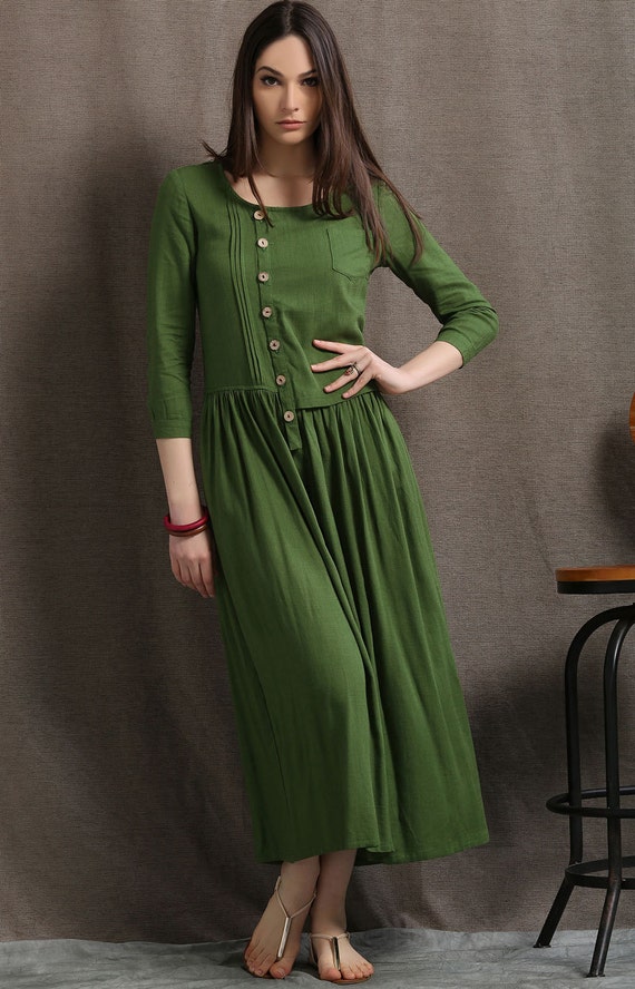 Linen Maxi Dress Moss Green Asymmetrical Semi-Fitted by YL1dress