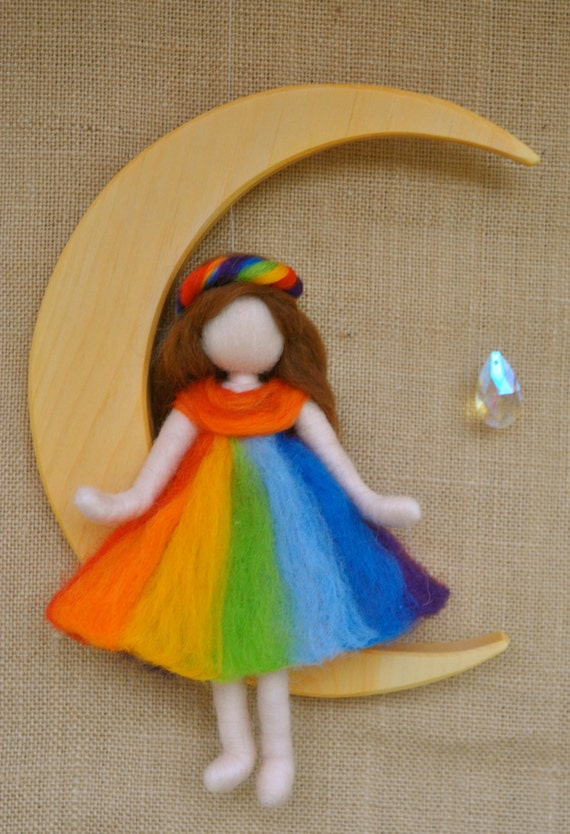 Children Mobile Waldorf inspired needle felted : The Rainbow fairy in the moon with crystal(made to order)