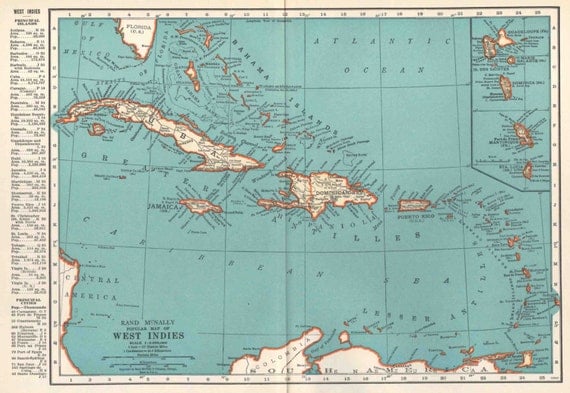 West Indies Map Vintage 1936 Cuba Rand McNally Caribbean