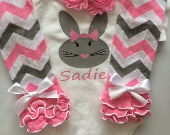 Baby Girl Easter Outfit - personalized baby girl outfit - spring baby outfit - pink legwarmers - easter bunny bodysuit
