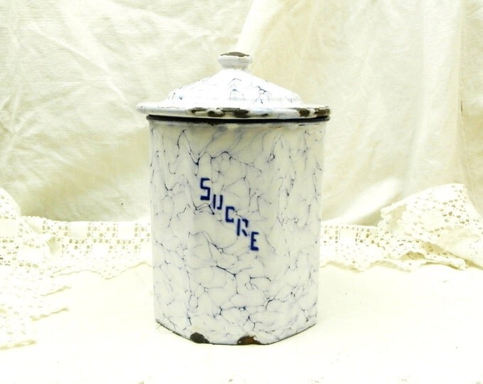 Antique French Chippy White and Blue Marbled Enamel Sugar Canister / French Country Decor / Desk Tidy / Enamel Pot / Retro Home Interior