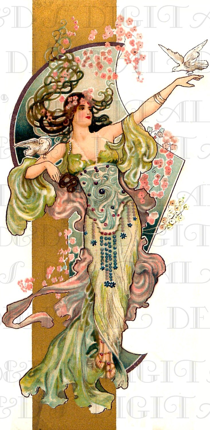 Enchanting Robed Art NOUVEAU Lady With Dove Vintage Digital