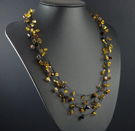 Layered Multi Strand Stone Necklace Citrine and Smokey