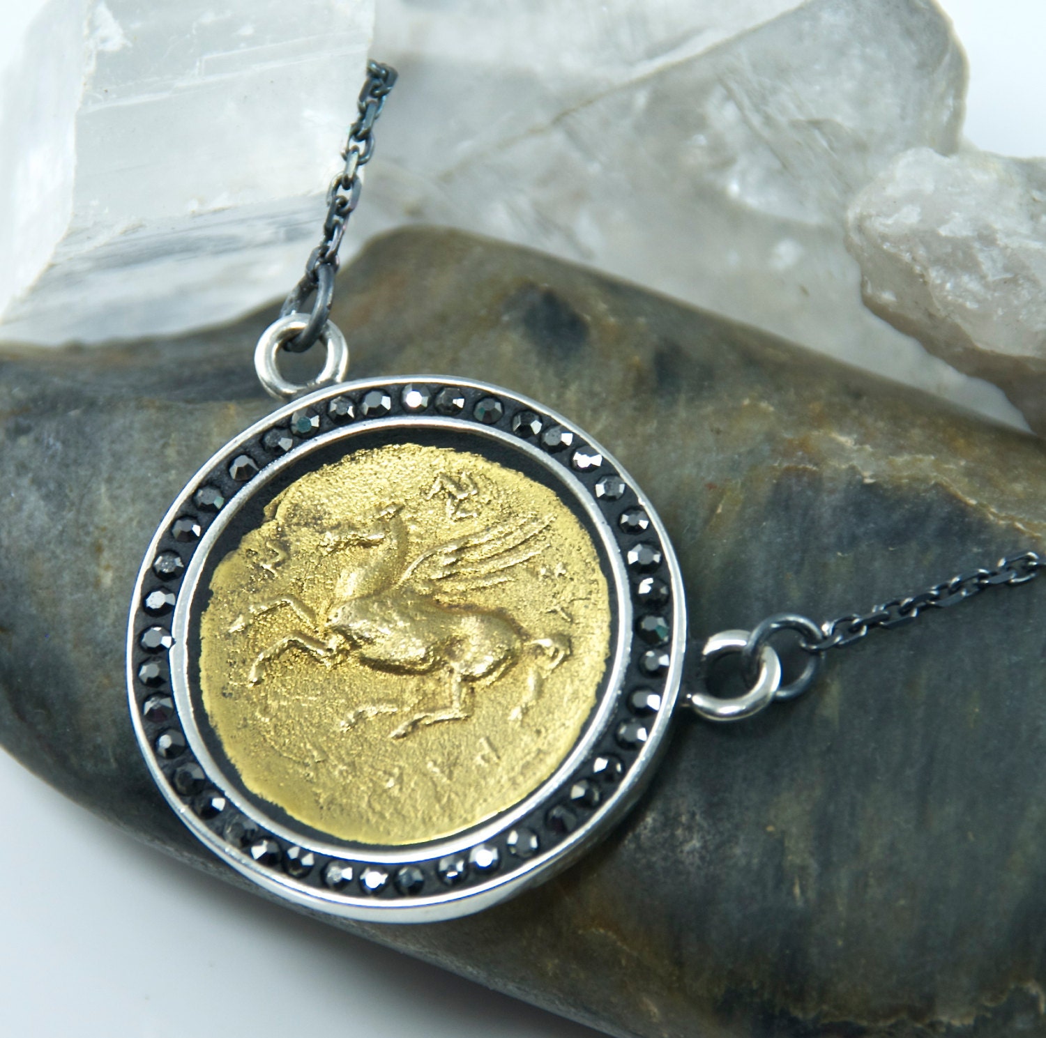 Ancient Coin Medallion Necklace 18K Gold 925 Sterling