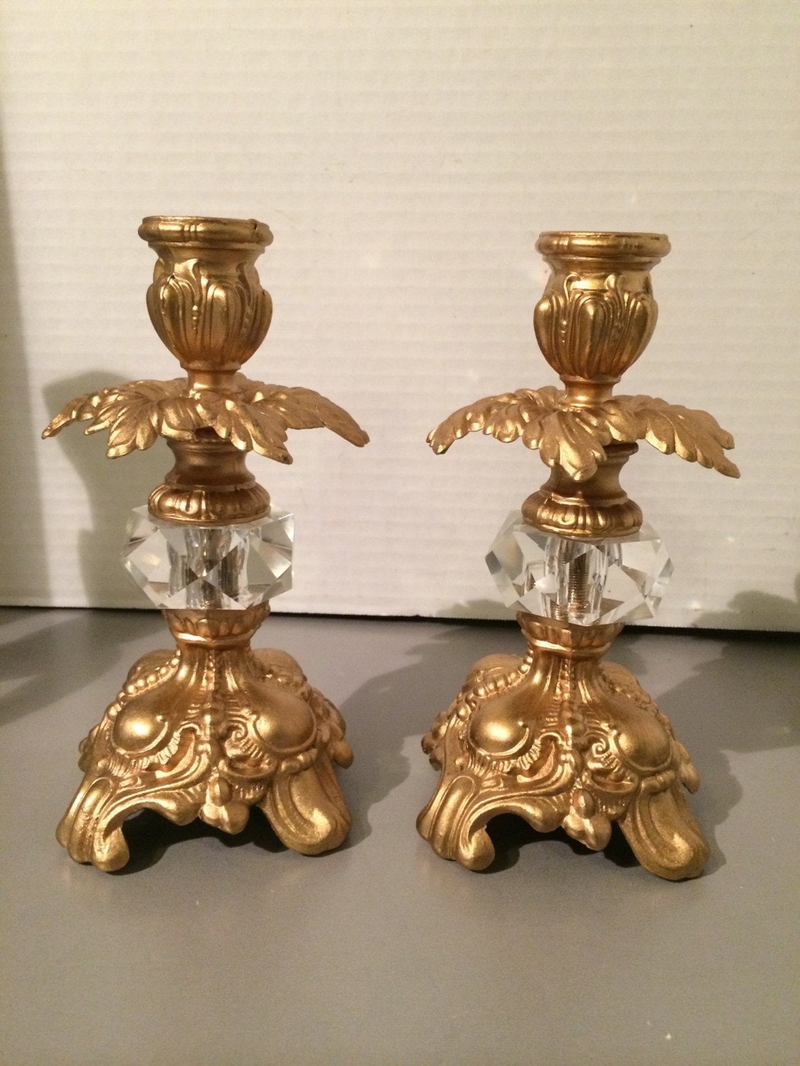 Vintage Ornate Candle Holder Set Metal & Glass Hand Painted