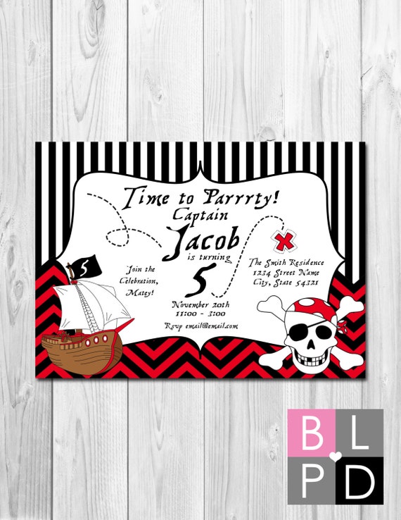 Pirate Theme Party Invitation - Red and Black - DIY - Printable Il_570xn
