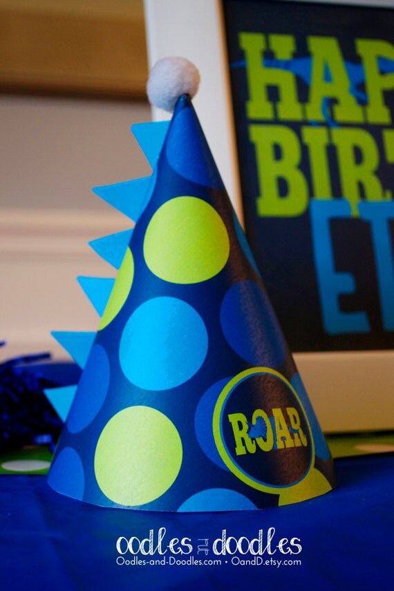 ROAR Dinosaur Party Hats / Boy's Dinosaur Party / Printable Dino Party Hats in Navy, Blue & Lime Green / INSTANT DOWNLOAD - Printable