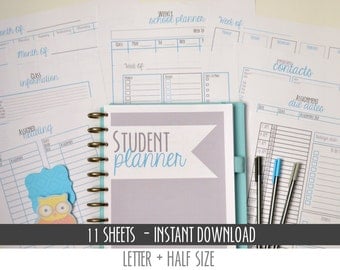 50% OFF College Student Planner, Printables, Letter Size + Half Size Included, 11 Pages each, Instant Download, Editable/Fillable, BLUE