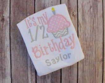 Personalized Half Birthday Shirt - Boy or Girl 1/2 Birthday Pink and Grey Chevron Cupcake 6 month pictures