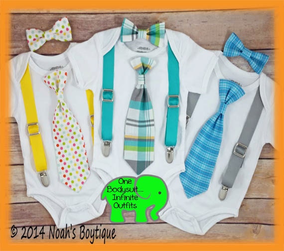 Boy Summer Outfit Baby Toddler - Baby Boy Clothes - Tie Suspender - Boy Plaid Tie Grey Teal - Boys Outfit - Blue Tie - Dot Tie - Wedding by NoahsBoytiques