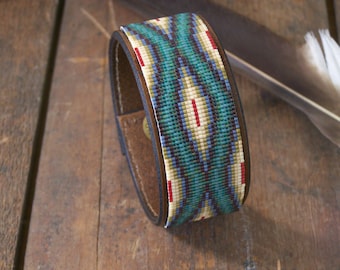 Southwestern Native American Hand Tooled Leather Bracelet Beaded In Antique Shades of Tans And Greens by LJ Greywolf