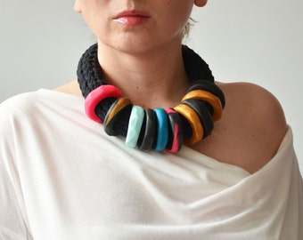 African clothing, tribal necklace, funky jewelry, modern necklace, edgy necklace, OOAK jewelry, urban fashion, black necklace, oversize neck