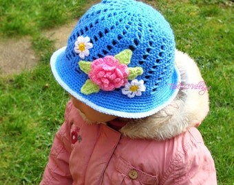Crochet girl Hat, Blue Cloche hat for children, newborn with pink flower, Spring hat
