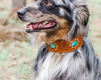 Leather Dog Collar // Genuine Turquoise Hand Stamped Shearling Lined