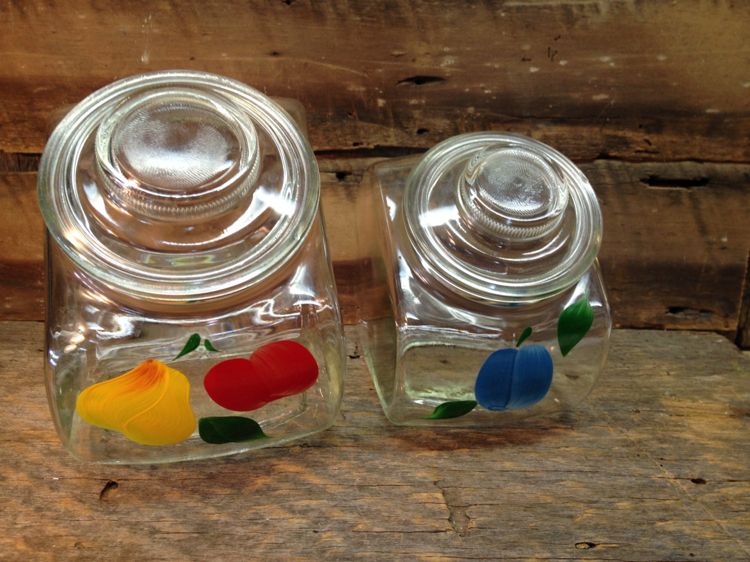 Vintage Clear Glass Canisters Hand Painted Fruit Set of Two