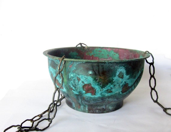 Vintage verdigris rustic engraved hanging copper planter.