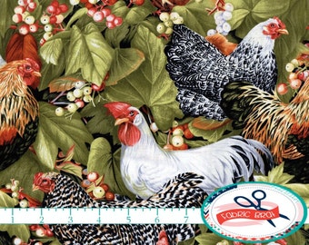 ROOSTER Fabric by the Yard, Fat Quarter BERRIES & CHICKENS Fabric Farmhouse Fabric 100% Cotton Fabric Quilting Fabric Apparel Fabric t4-13