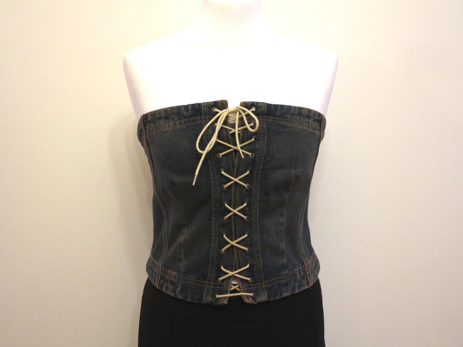 Denim Corset Top Back Zipper Lace Up Jean Corset Tube Top