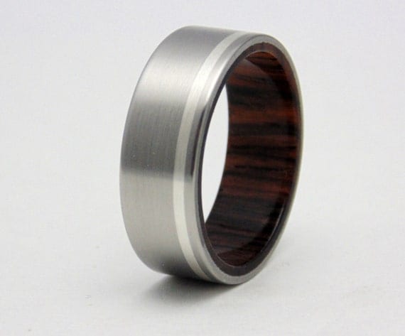 Titanium and wood wedding ring Cocobolo wood with Silver inlay Satin ...