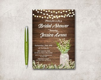 Rustic Bridal Shower Invitation, Printable Bridal Shower Invitation Fall Mason Jar Bridal Shower Invitation, Summer Babys breath Invitation