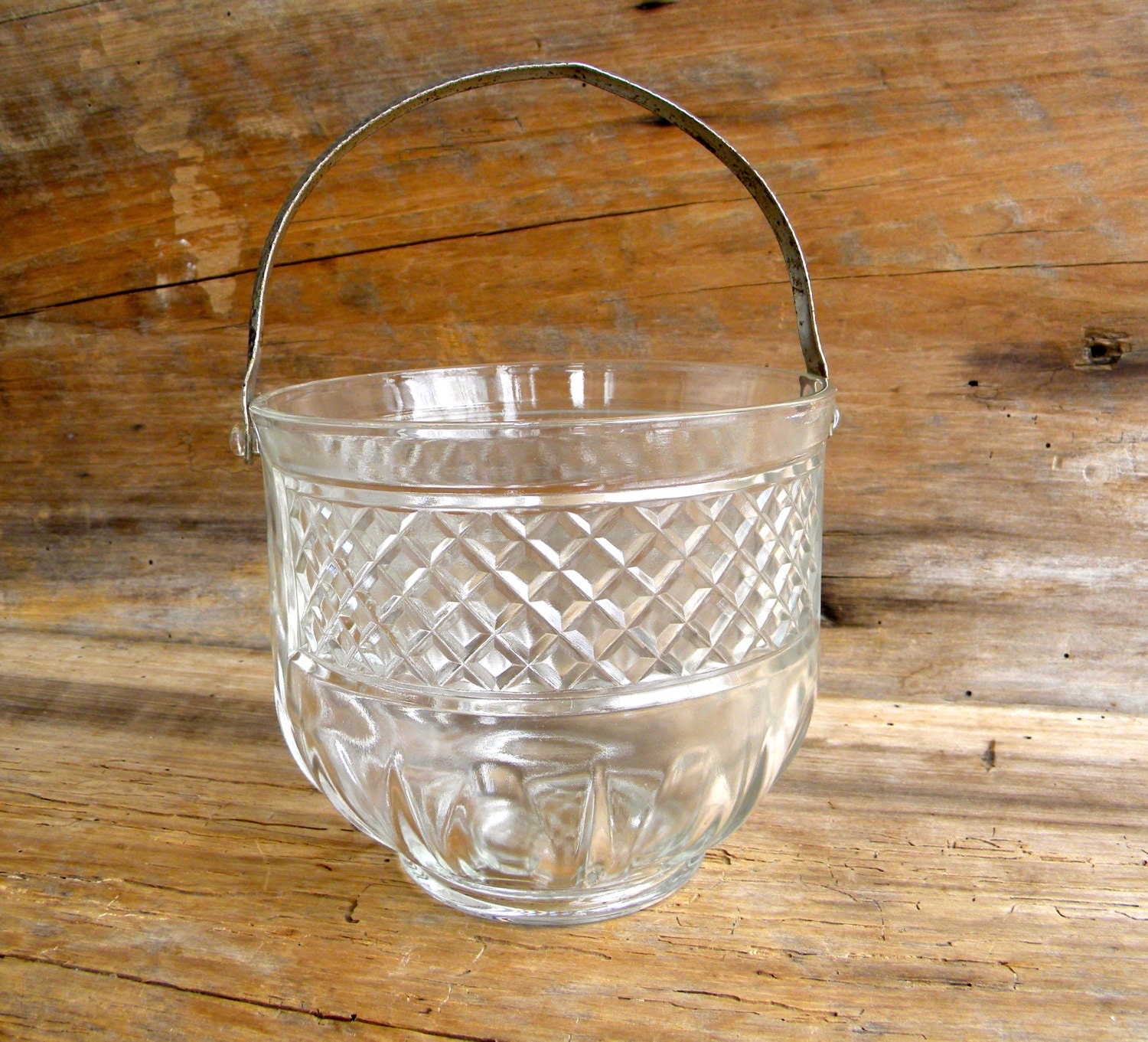 Vintage Glass Ice Bucket with Hammered Aluminum Handle