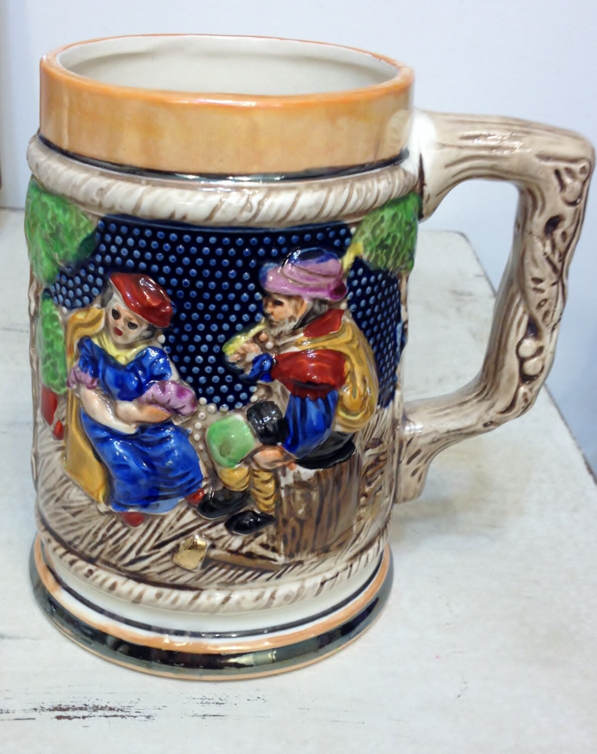 Vintage Japanese 3D Beer Stein Ceramic Painted Beer Stein