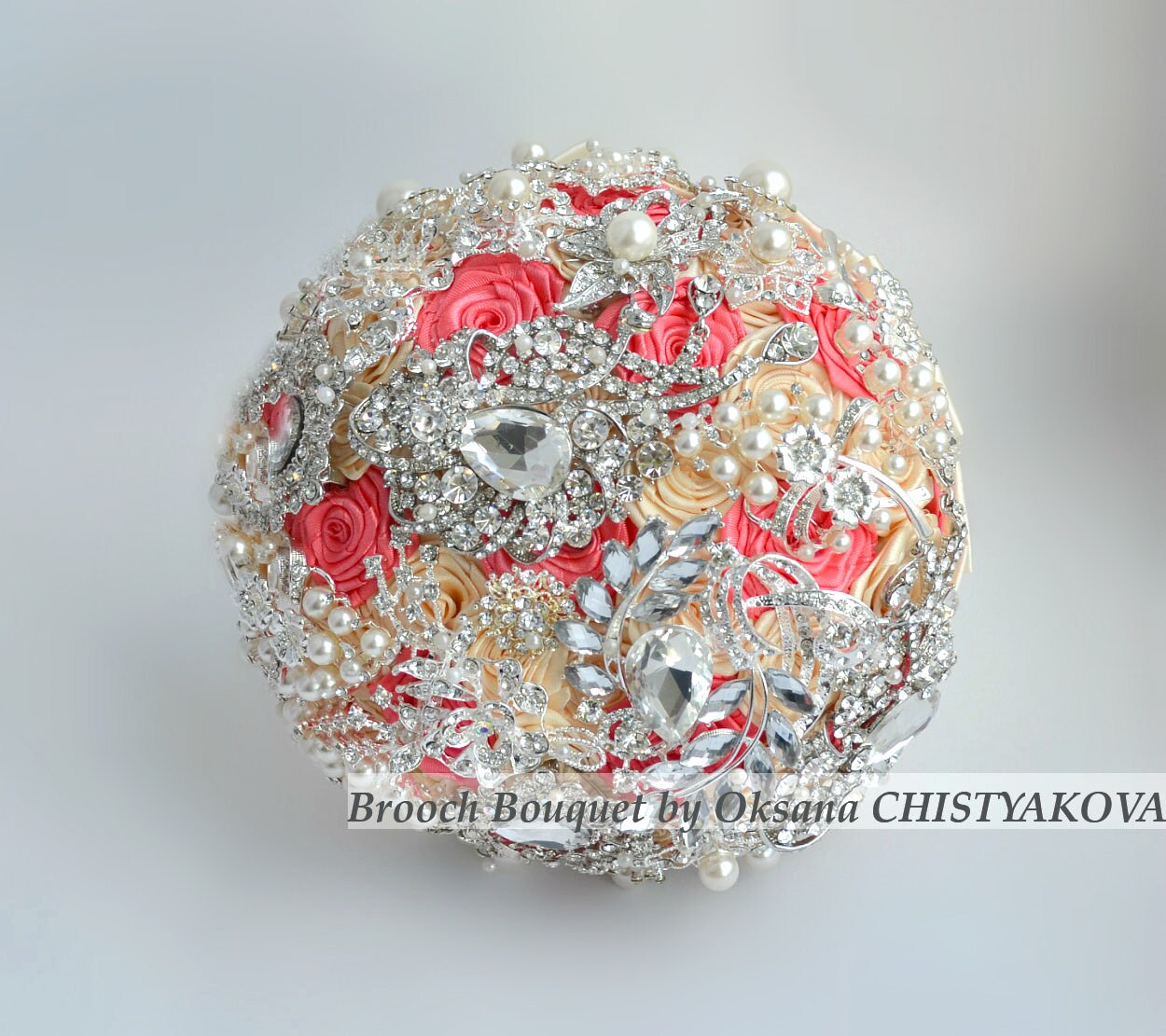 Brooch bouquet. Coral and Ivory wedding brooch bouquet, Jeweled Bouquet, Bridal bouquet, Rhinestone Bouquet.