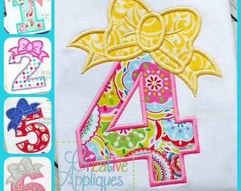 Bow Numbers Birthday Set Applique Digital Machine Embroidery Design 3 Sizes, bow number applique, bow birthday applique, number bow applique