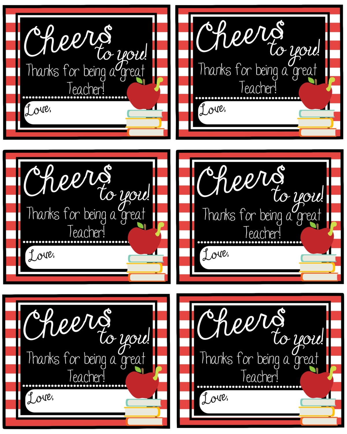 Teacher Appriciation Gift Tag Cheers To You by Pinkowlpartydesign