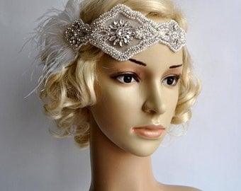 Set Flapper Gatsby, 20's rhinestone pearls art deco headband 1920's Headpiece fascinator, Bridal Headband, earrings, gloves, necklace