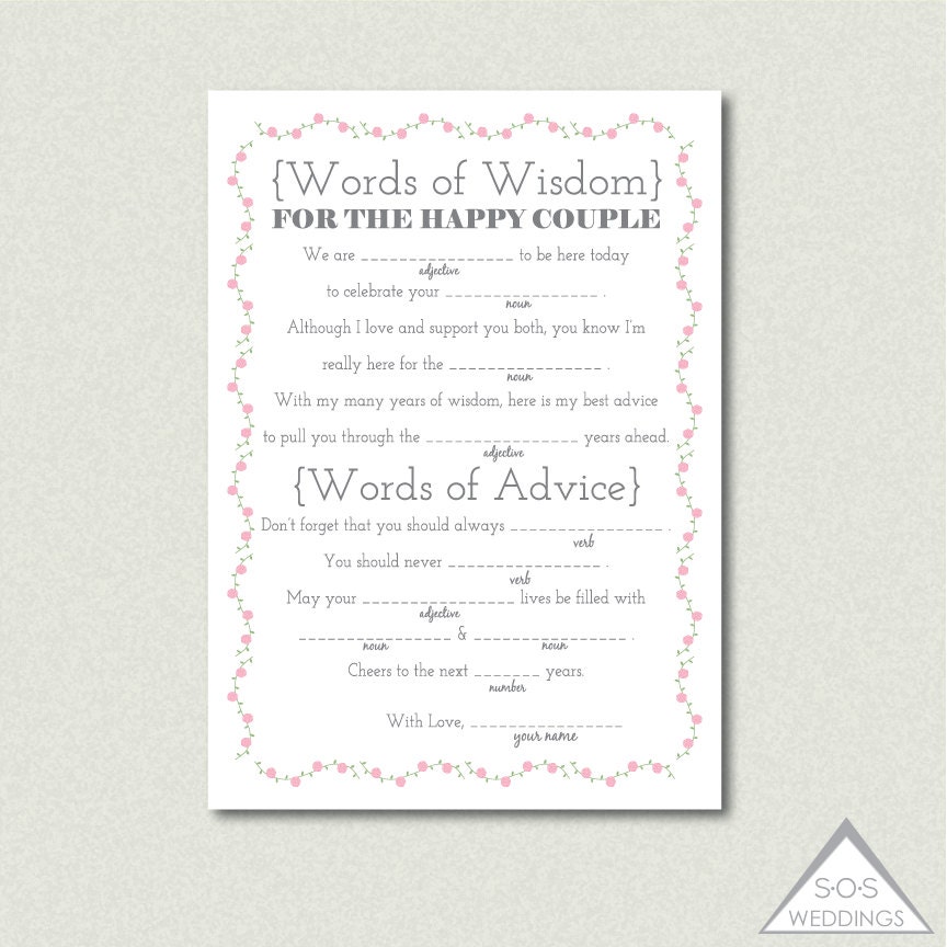 Printable Wedding Libs Words of Wisdom Advice for the