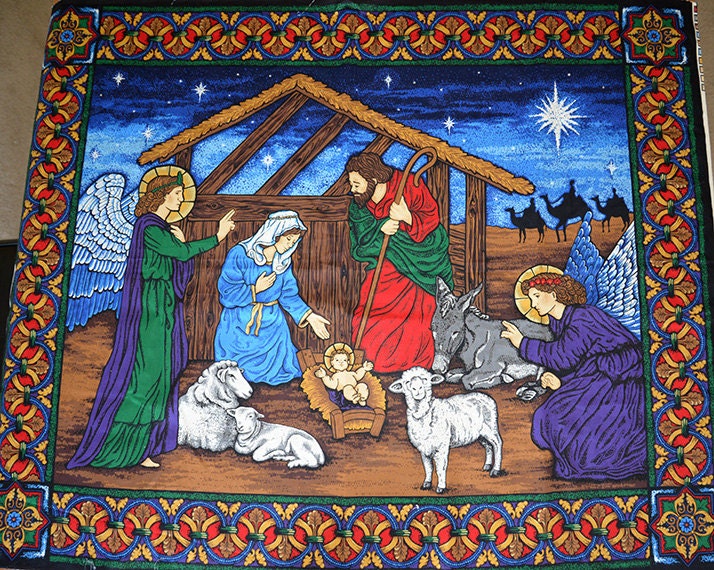 Nativity Fabric Print Cotton Biblical Scene Wise Men Virgin