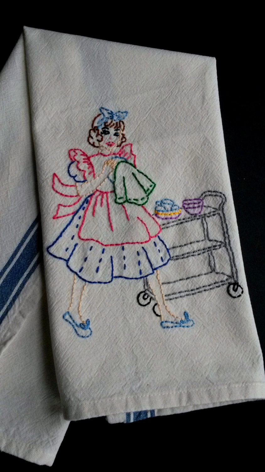 Vintage pattern tea towel hand embroidered by HooksAndRoses