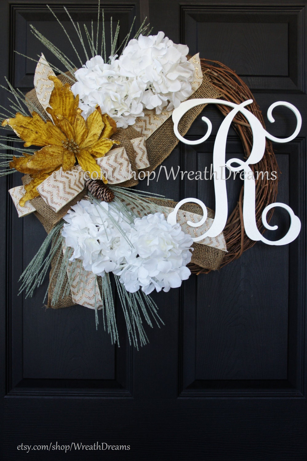 Christmas Wreath with Hydrangeas, Gold Poinsettia & Bulap Bow. Christmas Wreath. Winter Wreath. House Warming Gift. Christmas Gift.