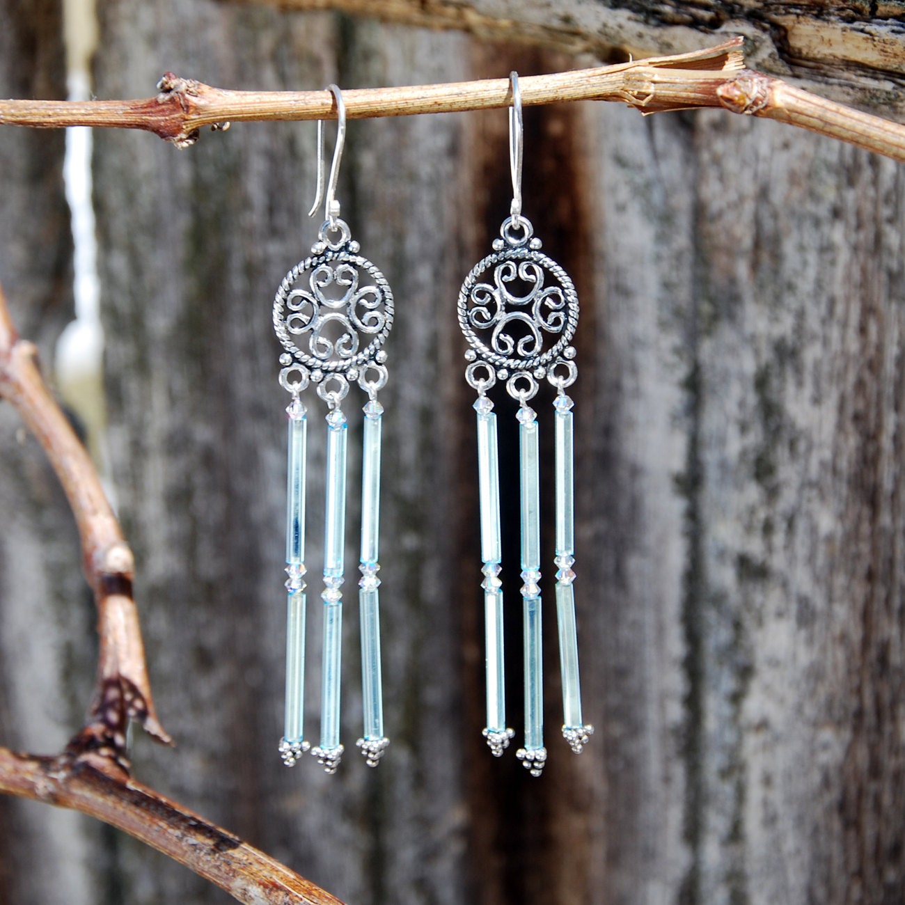 Sterling Silver Chandelier Earrings with Vintage silver lined